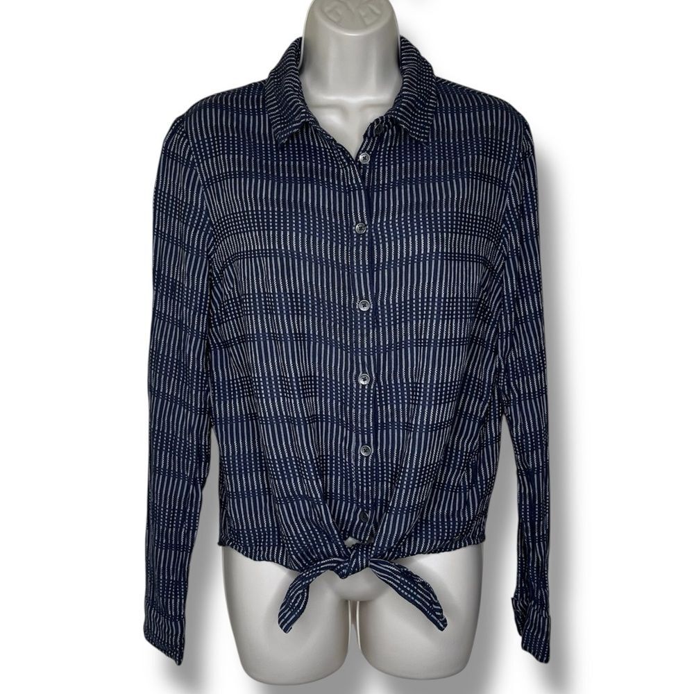 Roxy Tie Front Button Up Blouse Striped Long Sleeve Women Small Blue Textured